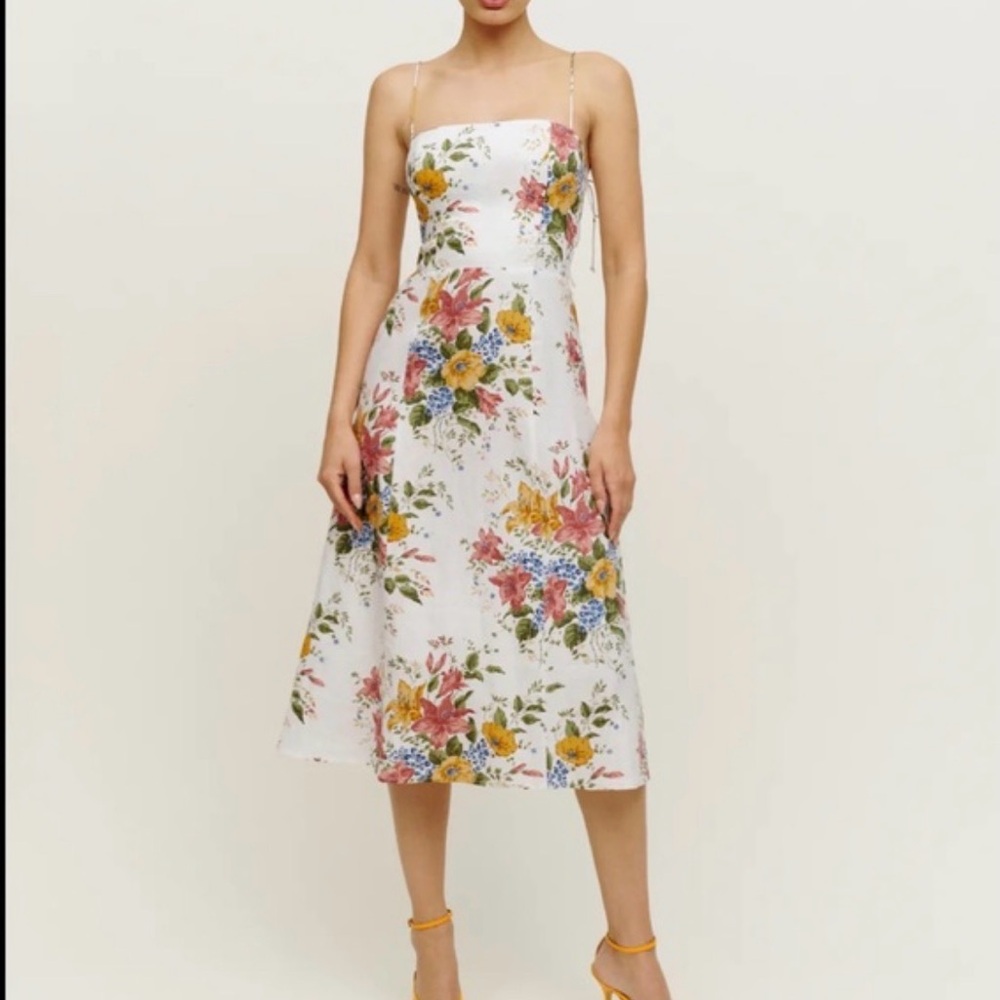 Reformation White Yellow Pink Floral Linen Maxi Dress fits between med and small